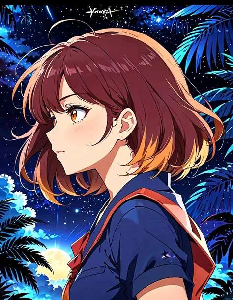 style 80s anime artwork,  adult woman, vibrant, studio anime, highly detailed, ((art by Shingo Adachi)) (cel shading), line art (Tropical), high contrast, cinematic, ultra detailed, intricate, professional, animation style render, dark, from side, face focus, night, sky, solo, starry sky, Anime,  poster, n80s anime screencap  <lora:Americans_Stardust:0.8>