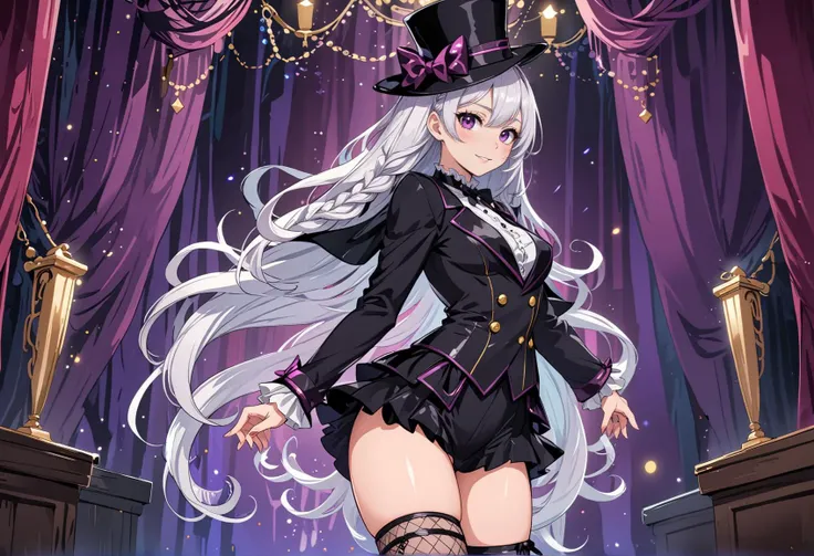 Fairy tale  platinum hair, braid, vibrant, studio anime, highly detailed,  ((art by Shingo Adachi)) (cel shading), line art  seductive smile The Cabaret Couture: A tailored jacket with tails, paired with high-waisted shorts, fishnet stockings, and a top hat, embodying classic cabaret style . Magical, fantastical, enchanting, storybook style, highly detailed