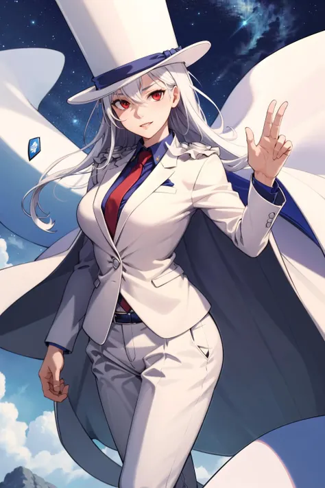 absurdres, best quality, 1girl, solo, (large breasts:0.75), <lora:attire_kaitokidsuit:0.9>, kaitosuit, formal, suit, necktie, cape, white pants, top hat, white cape, white hair, red eyes, absurdly long hair
