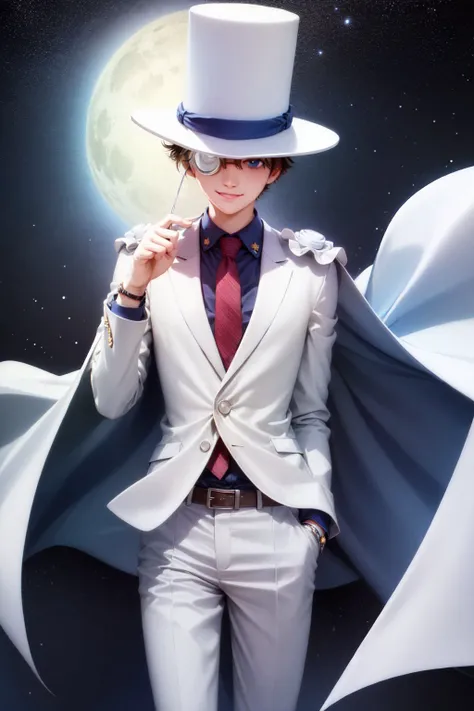 (masterpiece, best quality:1.2), <lyco:magickaito_kaitokid-12:1.0>, cowboy shot, solo, male focus, 1boy, mkkaitokid, smile, looking at viewer, top hat, monocle, formal, suit, necktie, cape, white pants, night, stars \(sky\)
