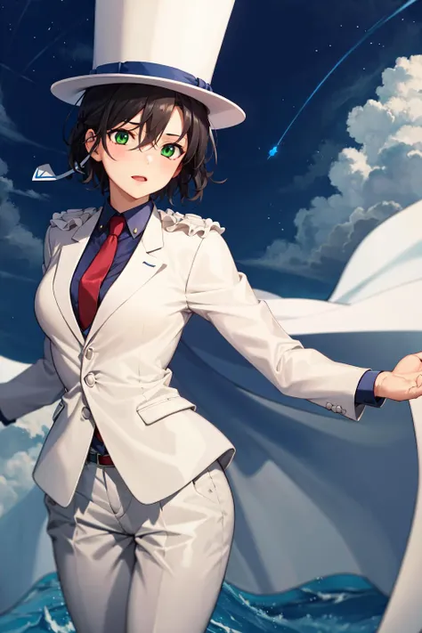 absurdres, best quality, 1girl, solo, (large breasts:0.75), <lora:attire_kaitokidsuit:0.9>, kaitosuit, formal, suit, necktie, cape, white pants, top hat, white cape, black hair, green eyes, medium hair