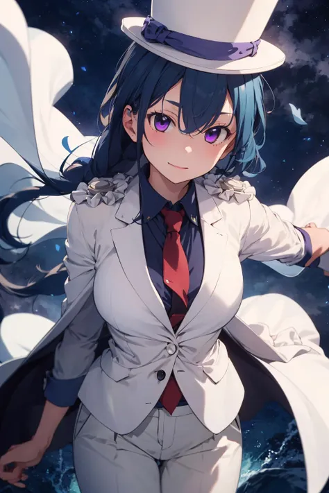 absurdres, best quality, 1girl, solo, (large breasts:0.75), <lora:attire_kaitokidsuit:0.9>, kaitosuit, formal, suit, necktie, cape, white pants, top hat, white cape, blue hair, purple eyes, absurdly long hair