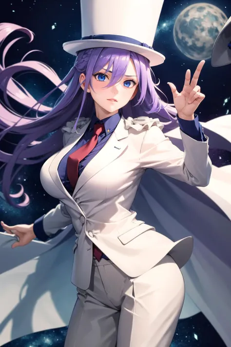 absurdres, best quality, 1girl, solo, (large breasts:0.75), <lora:attire_kaitokidsuit:0.9>, kaitosuit, formal, suit, necktie, cape, white pants, top hat, white cape, purple hair, blue eyes, very long hair
