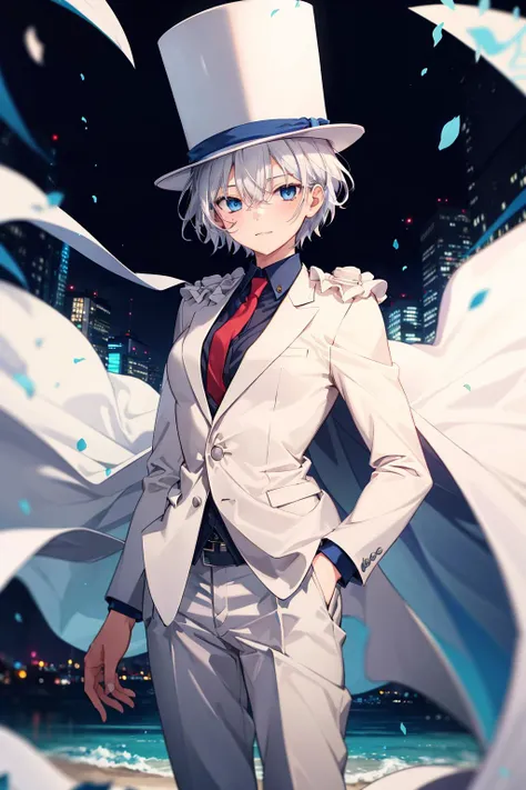 absurdres, best quality, 1girl, solo, (large breasts:0.75), <lora:attire_kaitokidsuit:0.9>, kaitosuit, formal, suit, necktie, cape, white pants, top hat, white cape, white hair, blue eyes, short hair