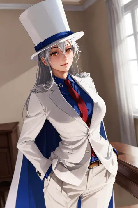absurdres, best quality, 1girl, solo, (large breasts:0.75), <lora:attire_kaitokidsuit:0.9>, kaitosuit, formal, suit, necktie, cape, white pants, top hat, white cape, white hair, brown eyes, very long hair