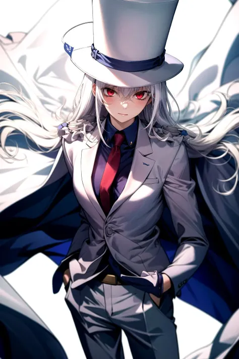 absurdres, best quality, 1girl, solo, (large breasts:0.75), <lora:attire_kaitokidsuit:0.9>, kaitosuit, formal, suit, necktie, cape, white pants, top hat, white cape, white hair, red eyes, very long hair