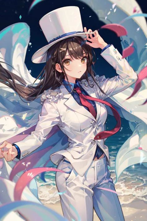 absurdres, best quality, 1girl, solo, (large breasts:0.75), <lora:attire_kaitokidsuit:0.9>, kaitosuit, formal, suit, necktie, cape, white pants, top hat, white cape, black hair, brown eyes, absurdly long hair