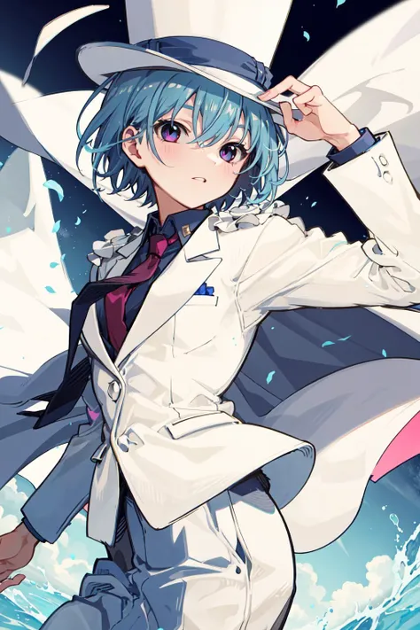 absurdres, best quality, 1girl, solo, (large breasts:0.75), <lora:attire_kaitokidsuit:0.9>, kaitosuit, formal, suit, necktie, cape, white pants, top hat, white cape, blue hair, black eyes, short hair