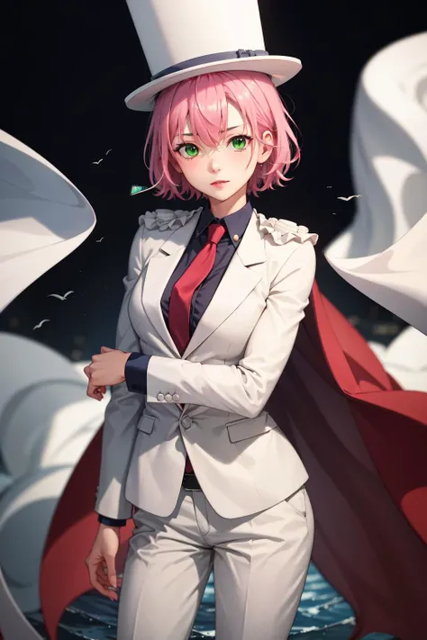 absurdres, best quality, 1girl, solo, (large breasts:0.75), <lora:attire_kaitokidsuit:0.9>, kaitosuit, formal, suit, necktie, cape, white pants, top hat, white cape, pink hair, green eyes, medium hair