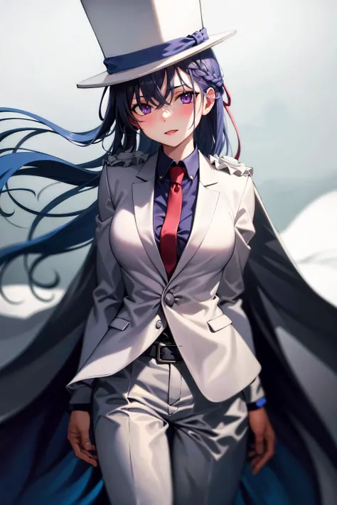 absurdres, best quality, 1girl, solo, (large breasts:0.75), <lora:attire_kaitokidsuit:0.9>, kaitosuit, formal, suit, necktie, cape, white pants, top hat, white cape, blue hair, purple eyes, absurdly long hair