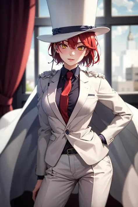 absurdres, best quality, 1girl, solo, (large breasts:0.75), <lora:attire_kaitokidsuit:0.9>, kaitosuit, formal, suit, necktie, cape, white pants, top hat, white cape, red hair, yellow eyes, medium hair