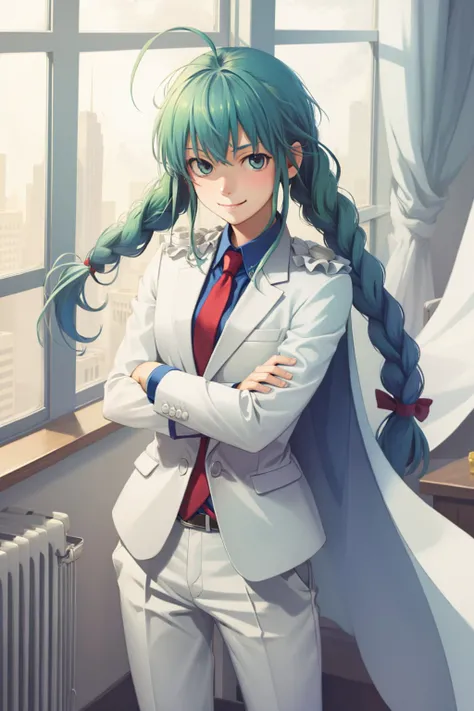 (masterpiece, best quality:1.2), <lyco:os-tan_me-tan-09:0.8>, <lora:attire_kaitokidsuit:0.9>, cowboy shot, solo, 1girl, me-tan, smile, looking at viewer, crossed arms, ahoge, twin braids, kaitosuit, formal, suit, necktie, cape, white pants