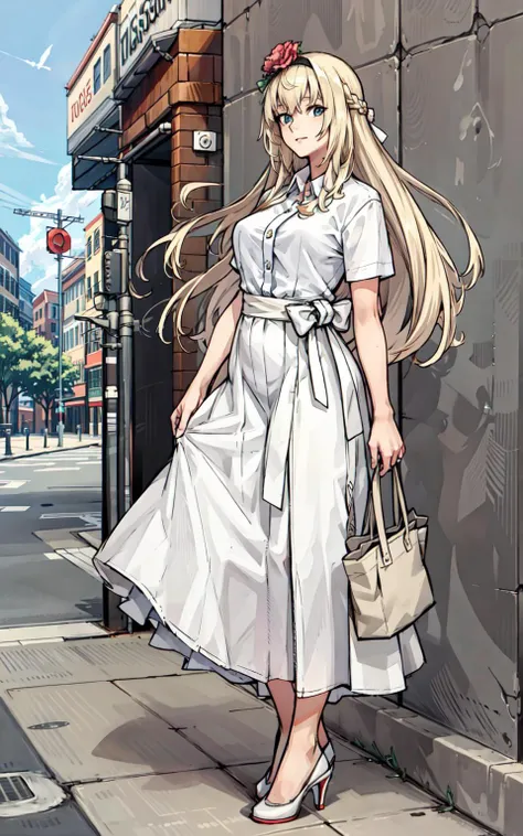 masterpiece,  best quality, 1girl, solo, (WarspiteCS), (very long dress), white shirt, collared shirt, hair flower, short sleeves , casual, long hair, braid,  high heels, dating, plaza, outdoors, street,