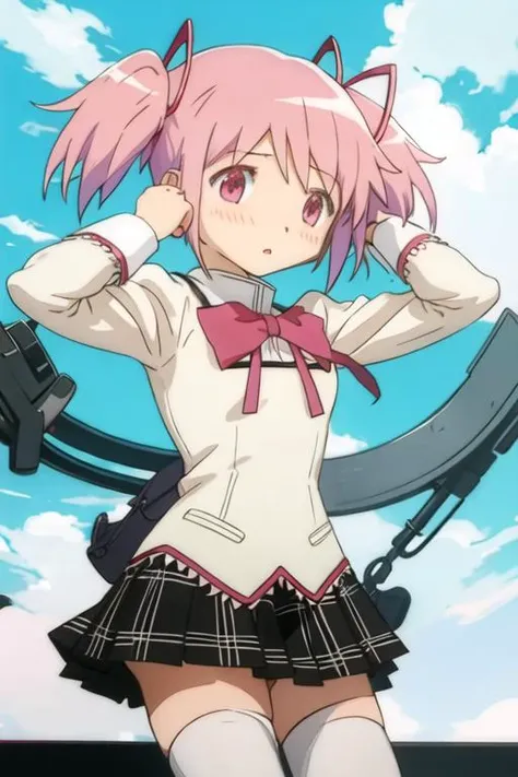 best quality, masterpiece, highres, solo, {kaname_madoka_puellamagimadokamagica:1.15}, pink_hair, short_hair, twintails, short_twintails, pink_eyes, ribbon, hair_ribbon, bow, blush, 2girls, blue_hair, mitakihara_school_uniform, multiple_girls, school_uniform, parody
