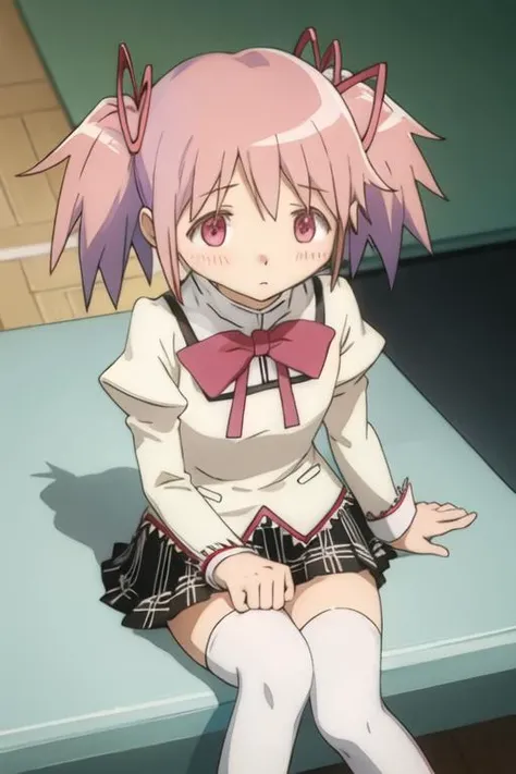 best quality, masterpiece, highres, solo, {kaname_madoka_puellamagimadokamagica:1.15}, pink_hair, short_hair, twintails, short_twintails, pink_eyes, ribbon, hair_ribbon, bow, blush, 1girl, mitakihara_school_uniform, school_uniform, skirt, thighhighs, sitting