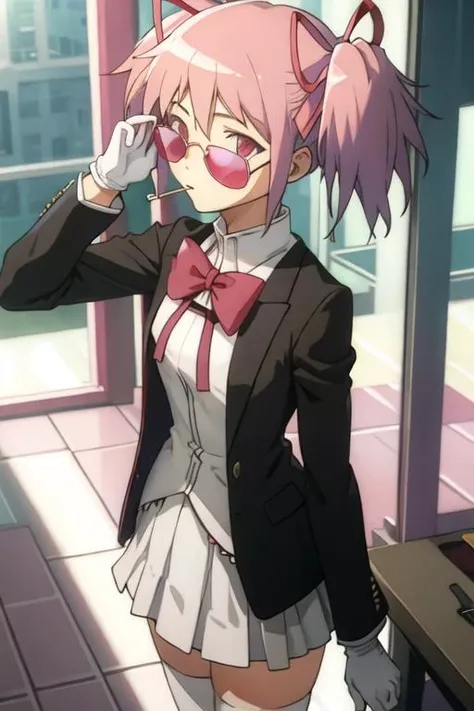best quality, masterpiece, highres, solo, {black business suit:1.40}, {tie:1.20}, {sunglasses:1.25}, {white gloves:1.15}, {white shirt:1.10}, {black skirt:1.15}, {smoking:1.20}, handsome, {chiyoda_momo_thedemongirlnextdoor:1.15}, pink_hair, short_hair, hair_ornament, blush, hairclip, closed_mouth, bangs, shiny_hair, green_eyes