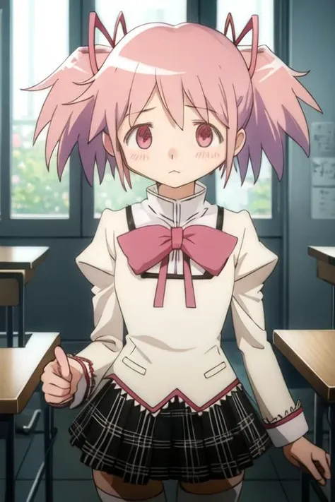 best quality, masterpiece, highres, solo, {kaname_madoka_puellamagimadokamagica:1.15}, pink_hair, short_hair, twintails, short_twintails, pink_eyes, ribbon, hair_ribbon, bow, blush, 1girl, :3, mitakihara_school_uniform, school_uniform