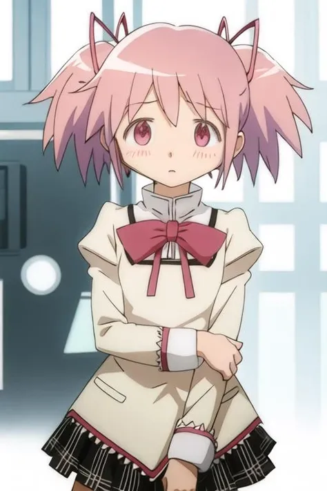 best quality, masterpiece, highres, solo, {kaname_madoka_puellamagimadokamagica:1.15}, pink_hair, short_hair, twintails, short_twintails, pink_eyes, ribbon, hair_ribbon, bow, blush, 1girl, mitakihara_school_uniform, official_style, parody, school_uniform, anime_coloring, style_parody, looking_at_viewer