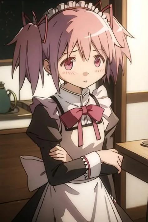 best quality, masterpiece, highres, solo, {maid:1.40}, {long maid dress:1.15}, {kaname_madoka_puellamagimadokamagica:1.15}, pink_hair, short_hair, twintails, short_twintails, pink_eyes, ribbon, hair_ribbon, bow, blush