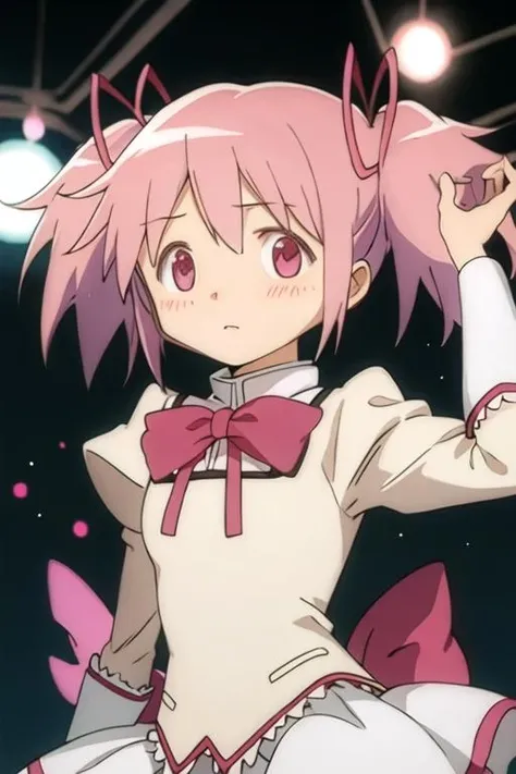 best quality, masterpiece, highres, solo, {kaname_madoka_puellamagimadokamagica:1.15}, pink_hair, short_hair, twintails, short_twintails, pink_eyes, ribbon, hair_ribbon, bow, blush, 1girl, mitakihara_school_uniform, official_style, parody, school_uniform