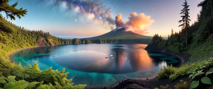 beach bay of lake , forrest  in the background, , Volcanic Crater Lake Surrounded by Lush Foliage, a place where the ocean's depths reveal their treasures,            in the sky is galaxy  and pulsar ,               sunset , sunlight with godrays,