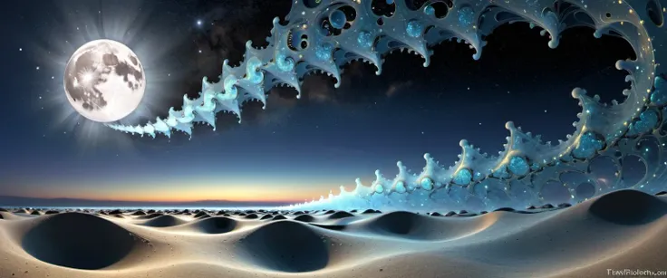 the atomic weight of Tachyon squared by the wave length of a fractal as a holographic surface of a Tessellation with a in the sky is pulsar and constellation and crescent moon , background, stable diffusion,