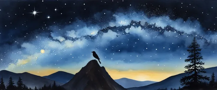an realistic depiction of bird surrounded by starlight as a Gouache image