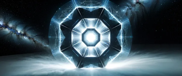 in open space with in the sky is polar star , is a Hexagon construct that contains Alcubierre Drive (Warp Drive) emitting crystal particles, stable diffusion,