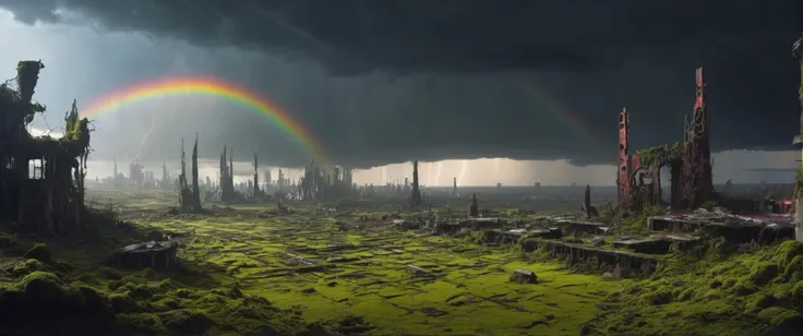 barren wasteland,  ruins of a futuristic   city, a lot  moss, complete  overgrown,  thunderstorm, rainbow,     red  dwarf star, and blackhole, in the sky,
((photo raw)), cinematic light, film still,