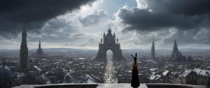 Polar regions of Earth , Valley, with plains  Zoomed in, close shot, show face profile, bach arch pose, hands on hips,  on top of a tower, Medieval city skyline in the background with many torches and cauldrons,    day,       one big clouds, rainbow, many small clouds,      polar star, in the sky,
focus on a young seductive adult women of mixed race of South American Bolivian ,          and North American American , , with slim stature has a curvy figure and has (smaller breasts:0.8) breasts of Teardrop shape, , Feminine hips , Shapely butt , violet  eyes, wearing Loafers, formal dress of elegant and sophisticated design, intricate detailing, crotch-length hemline, side cut on one side , bunny ears and tail,
in the style of Gothic, HR Giger,  perfect face, perfecteyes eyes, perfect eyes, perfect hands, perfect feets,