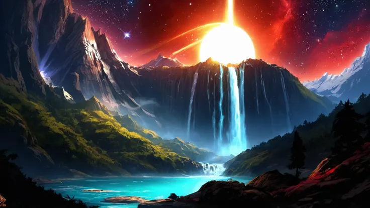 a hughe water fall surrounded by mountains , , rustical  campsite , sparkling campfire, , lighting strikes, , red  dwarf, big gas giant, galaxies , ,
anime, CG,