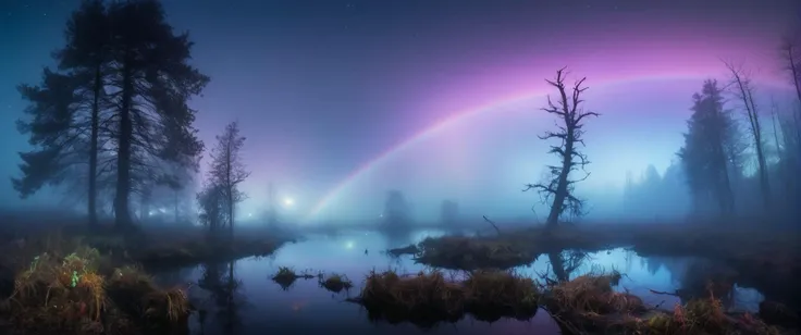 Taiga , Moors , iridescent creatures and dead trees in the fog, A submerged sanctuary, where life moves in graceful silence. A fleeting moment of artistry in the heart of the city. rainbow, heavy fog, many small clouds, night sky, stars, galaxy,
((photo raw)), film still, Tilt-Shift Blur, ((light bokeh)), ,