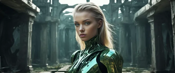 a beatiful young adult women of slender hourglass figure, with long undercut hair of mixed haircolor brunette and blonde, light green eyes, 
Reflective  face expression,
__bg/zoom__
(at the border) of  a a futuristic village  in the style of a mix of transhumanism and dystopian with fluid detail in the style of Ron Miller , we are outside of a graveyard which is built and decorated in the mixed style of cinematic lighting high contrast , , surreal futurism with smooth detail in the style of Vincent Di Fate and a mix of transhumanism and transhumanism with intricate detail in the style of Ian Miller 
((photo raw)),