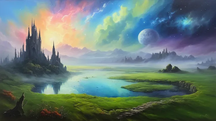 Valley, with medival village  Wetland , iridescent creatures  in the fog, , ruins of a antique  city, few  moss, partially  overgrown, , one big  clouds, , supernova, asteroid belts, supernova, galaxies , ,
oil painting,