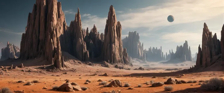 barren wasteland, Towering Granite Spires and Cliffs,       earthlike planet, in the sky,               day, 
((photo raw)),