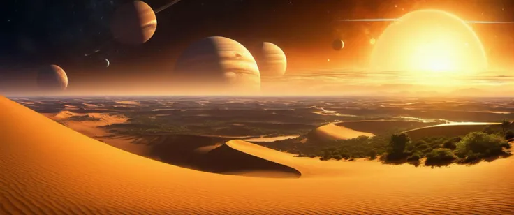 sand dune desert,   Meandering and Wild Jungle River,  big gas giant, and earthlike planet, and big gas giant, in the sky,         sunset , sunlight with godrays,