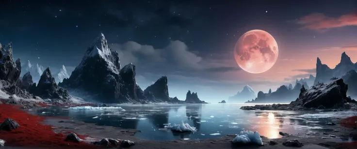 tropical island, polar, ice crystals in the air, A secluded vista where the landscape's enigmatic allure captivates all who dare to look. many small clouds, rainy, asteroid belts, and stars, in the sky, empty moon, and red dwarf star, in the sky,
((photo raw)),