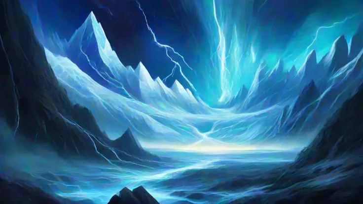 Glacier , , floor and walls are just different levels of rocks , , thunderstorm, very few  clouds, lighting strikes, , blue  dwarf, pulsar, galaxy , polar star, ,
lush digital fantasy painting,