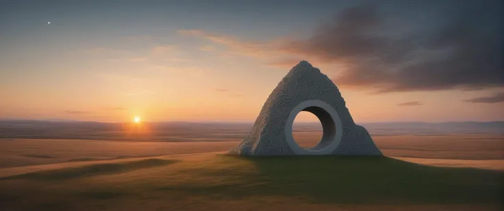 a hughe hill with a single large decorative stone sculpture , Steppe,  tunnel,  constellation, in the sky,         sunset , sunlight with godrays,
photo raw