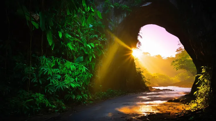 Jungle , , tunnel, , sunset , sunlight with godrays, ,
photo raw,