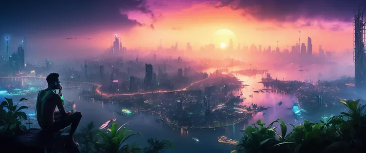 jungle island, , on top of a scyscrapper, futuristic cyberpunk city skyline in the background with many neon lights and smog, , sunrise with morning fog near ground , sunlight with godrays, , clear sky, ,
photo raw, perfect eyes, perfect hands, perfect feets, <lora:add-detail-xl:1>,