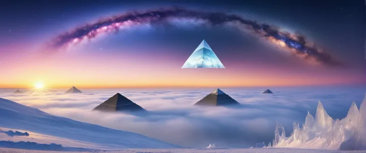 Polar regions of Earth ,  three Pyramid,  galaxy , and supernova, in the sky,         sunrise with morning fog near ground , sunlight with godrays,
((Photo Raw))