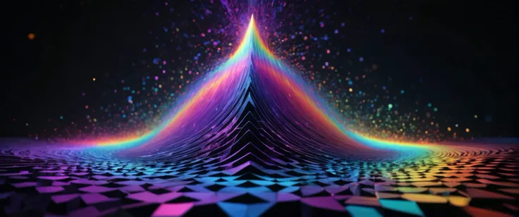 spacetime is torn apart in front of a Penrose Tiling  and Khnum with an aura of void particles appears from a rainbow colored 5d soundwave pattern, stable diffusion,
((photo raw)), rossdraws global illumination,  Zoom Blur, Tilt-Shift Blur,  ,