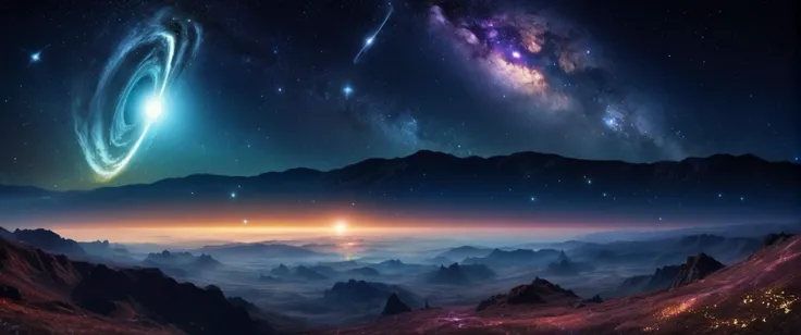 valley , A cosmic dreamscape where planets and galaxies collide. earthlike planet, and stars, and blackhole, in the sky, night sky, stars, galaxy,
((photo raw)),