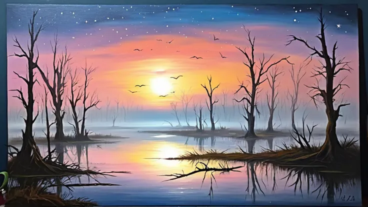 barren wasteland, swamp , dead trees  in the fog, , evening, few stars, ,
oil painting,