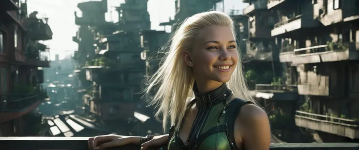 a beatiful young adult women of slender hourglass figure, with long undercut hair of mixed haircolor brunette and blonde, light green eyes, 
Endearing Grin  and Infectious Smile  and Delightful Smile  ,
__bg/zoom__
(on the balcony of)  a a cyberpunk  village  in the style of a mix of transhumanism and space age with smooth detail in the style of Jim Burns ,
((photo raw)), soft lighting and hard lighting movie  still and high contrast and Motion Blur and Chromatic Aberration , ,