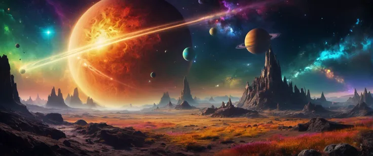 Plains, A cosmic dreamscape where planets and galaxies collide. walls have an indigenous village of either rustical or futuristic style ,            rainbow, many small clouds,   coronal flares, and stars, and asteroid belts, in the sky, earthlike planet, in the sky, 
((photo raw)), hard lighting,  vibrant colors, film still,  ,