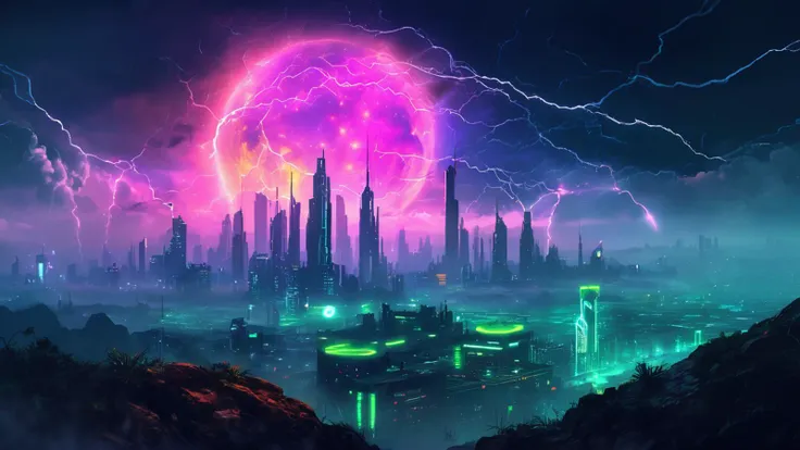 Shrubland, , on top of a scyscrapper, futuristic cyberpunk city skyline in the background with many neon lights and smog, , rainy, thunderstorm, , coronal flares, supernova, ,
watercolors,