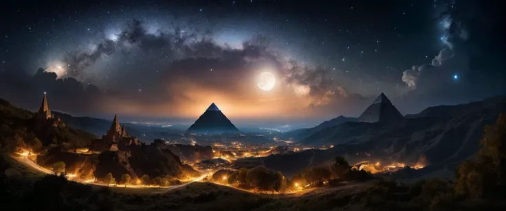 Valley, with castle  two Pyramid,            very few clouds, thunderstorm, very few clouds,   galaxy , and blackhole, and big gas giant, in the sky, constellation, and full moon, and constellation, in the sky, 
((photo raw)),