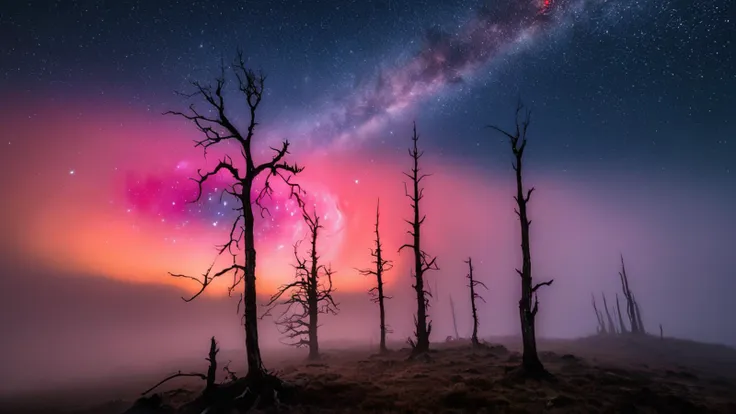 Moors , dead trees  in the fog, , night sky, stars, galaxy, , coronal flares, red  dwarf, galaxies , ,
photo raw